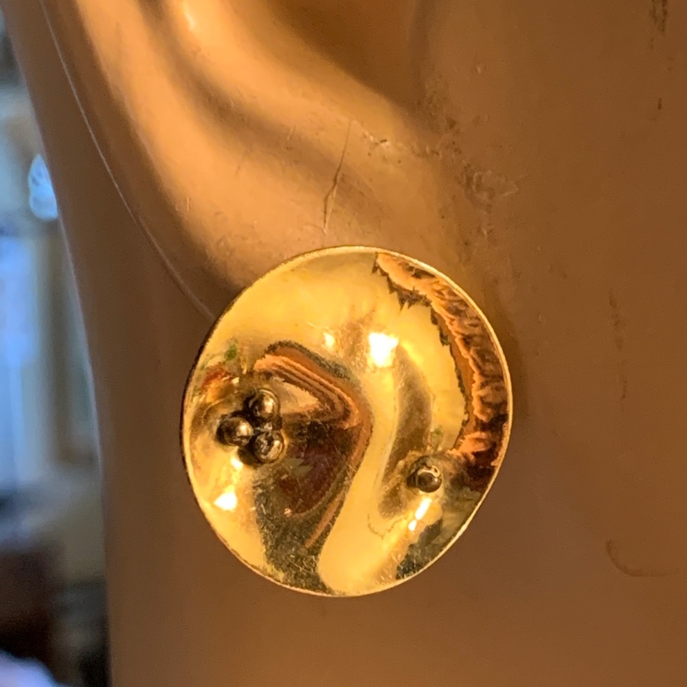 14 KARAT GOLD PLATED GOLDEN MODERNIST BRUTALIST ARTIST MADE PIERCED EARRINGS